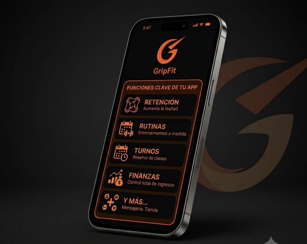 La app de GripFit en el celular, con retención, rutinas, turnos y finanzas